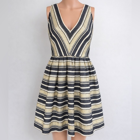 J. Crew Dresses & Skirts - J.Crew Navy Gold Metallic Stripe Fit and Flare Party Dress Size 8